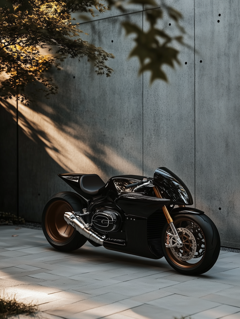 Black motorcycle against a concrete wall